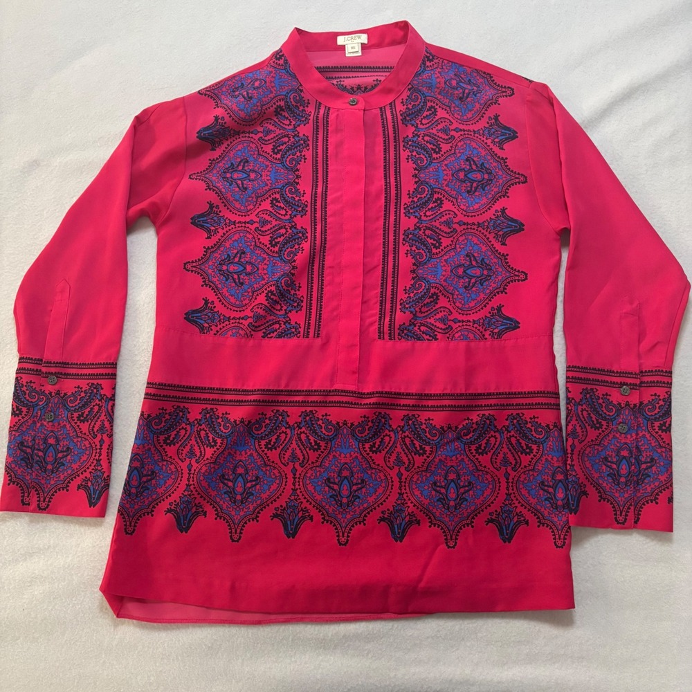J.Crew Pink Paisley Tile Print Tunic Blouse XS Band Collar Long Sleeve 45537